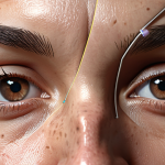 **A close-up portrait of a person with a subtle, ambiguous facial expression. The lighting should be soft and highlight the key features AI analyzes: wrinkles around the eyes, the curve of the lips, and the position of the eyebrows. In the background, faintly display lines and data points representing the AI's analysis process. Style: Realistic, slightly futuristic.**