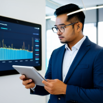 A professional Malay man in a modest business suit, thoughtfully gazing at a tablet screen in a modern, minimalist office environment. Abstract, glowing data streams subtly flow around the screen, symbolizing AI analyzing human interaction and emotions. The background features blurred, contemporary office decor. Fully clothed, appropriate attire, safe for work, correct proportions, natural pose, professional dress, natural body proportions, well-formed hands, proper finger count, high quality professional photography, appropriate content, family-friendly.