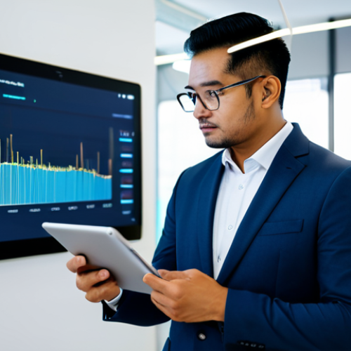 A professional Malay man in a modest business suit, thoughtfully gazing at a tablet screen in a modern, minimalist office environment. Abstract, glowing data streams subtly flow around the screen, symbolizing AI analyzing human interaction and emotions. The background features blurred, contemporary office decor. Fully clothed, appropriate attire, safe for work, correct proportions, natural pose, professional dress, natural body proportions, well-formed hands, proper finger count, high quality professional photography, appropriate content, family-friendly.