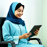 Mental Health Support**

A friendly looking Malaysian woman wearing a modest baju kurung, sitting in a comfortable chair in a brightly lit clinic. She is talking to a helpful AI chatbot on a tablet, which displays supportive messages. The background includes posters about mental wellness in Bahasa Malaysia. The scene is safe for work, family-friendly, fully clothed, and depicts appropriate content. Perfect anatomy, natural pose, professional.

**